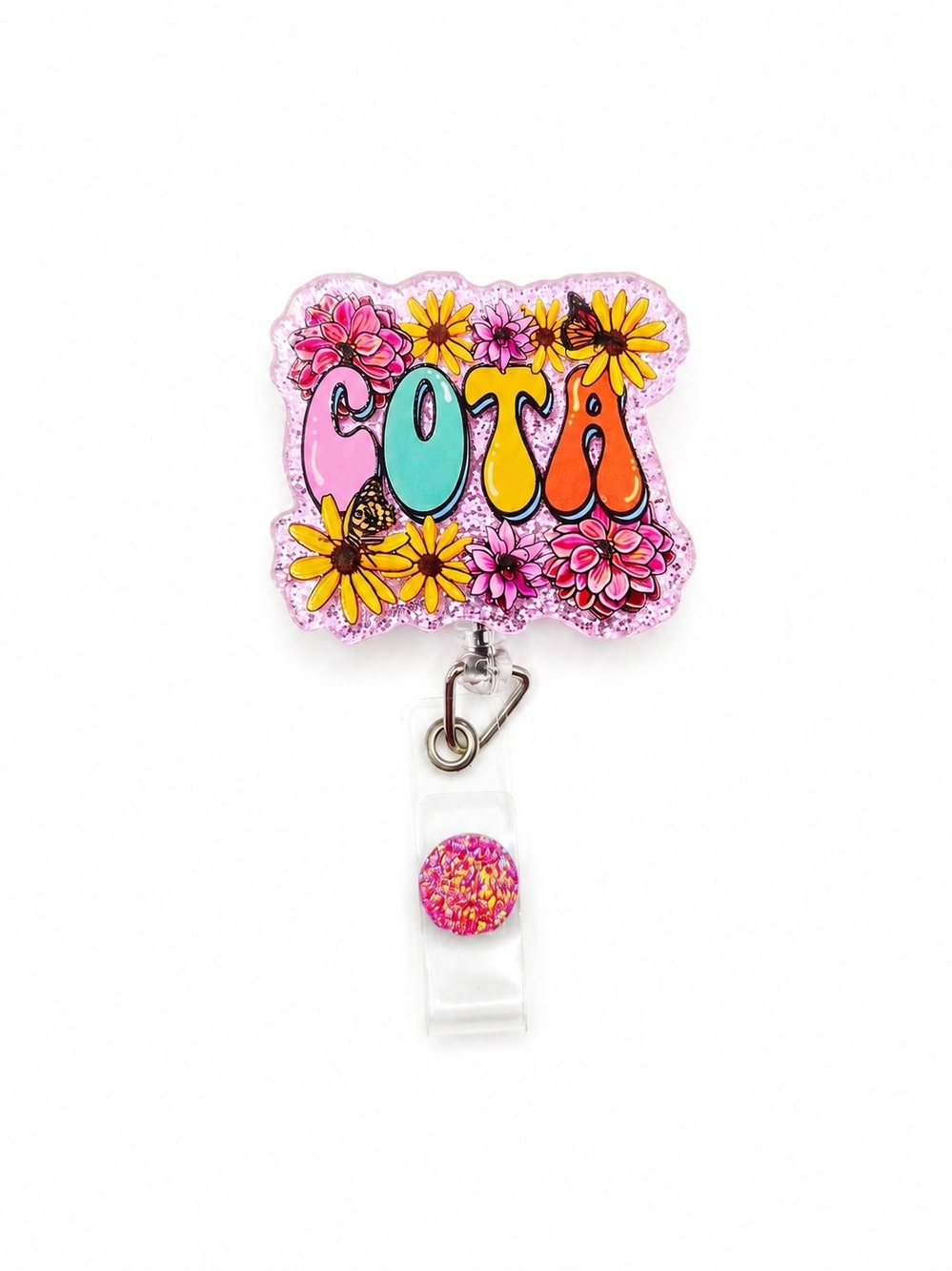 Cota Pink Glitter Floral Badge Reel – Alligator Clip